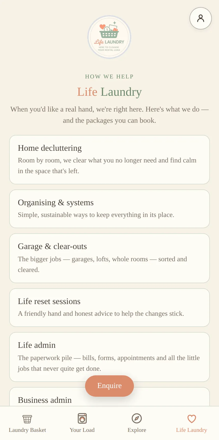 The Life Laundry screen, showing the services and how to ask for help